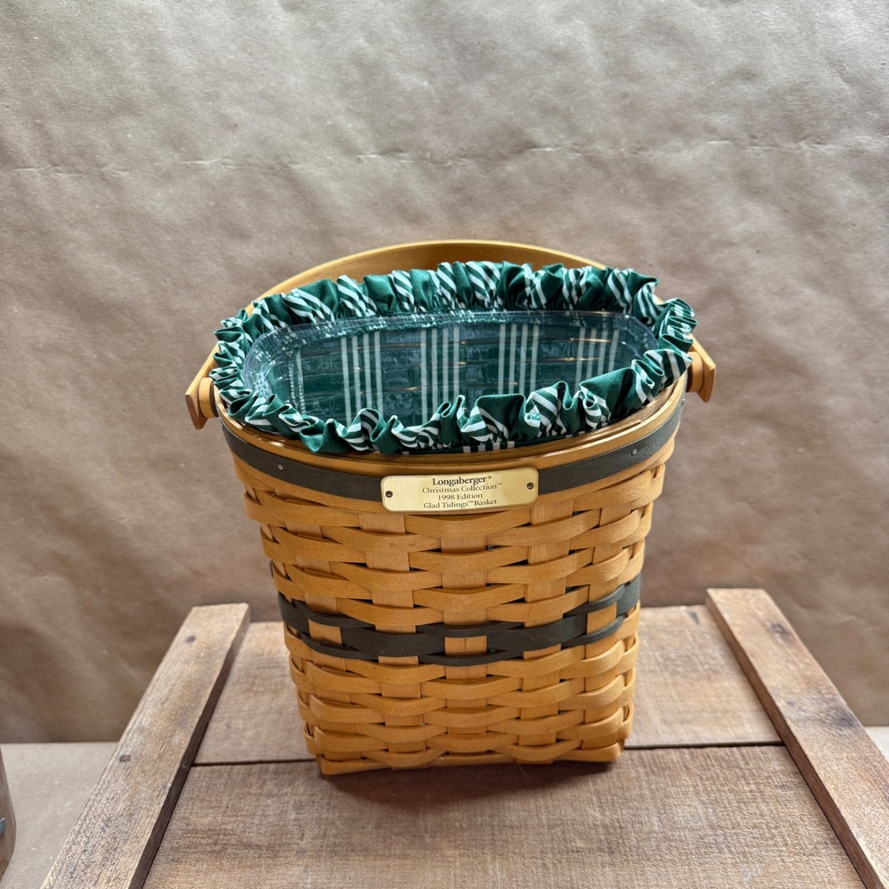 Longaberger 1998 Glad Tidings Christmas Basket Green Liner Protector USA Handle